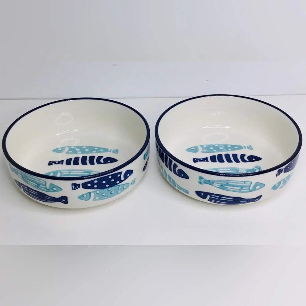 2 Signature Cat Bowls Blue and Aqua Fisk Pet Bowls 5” X 2” New